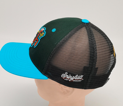 Black, Green or Navy & Sapphire Blue Mesh Snapback Hat, featuring 3 Lucky Horseshoes Logos