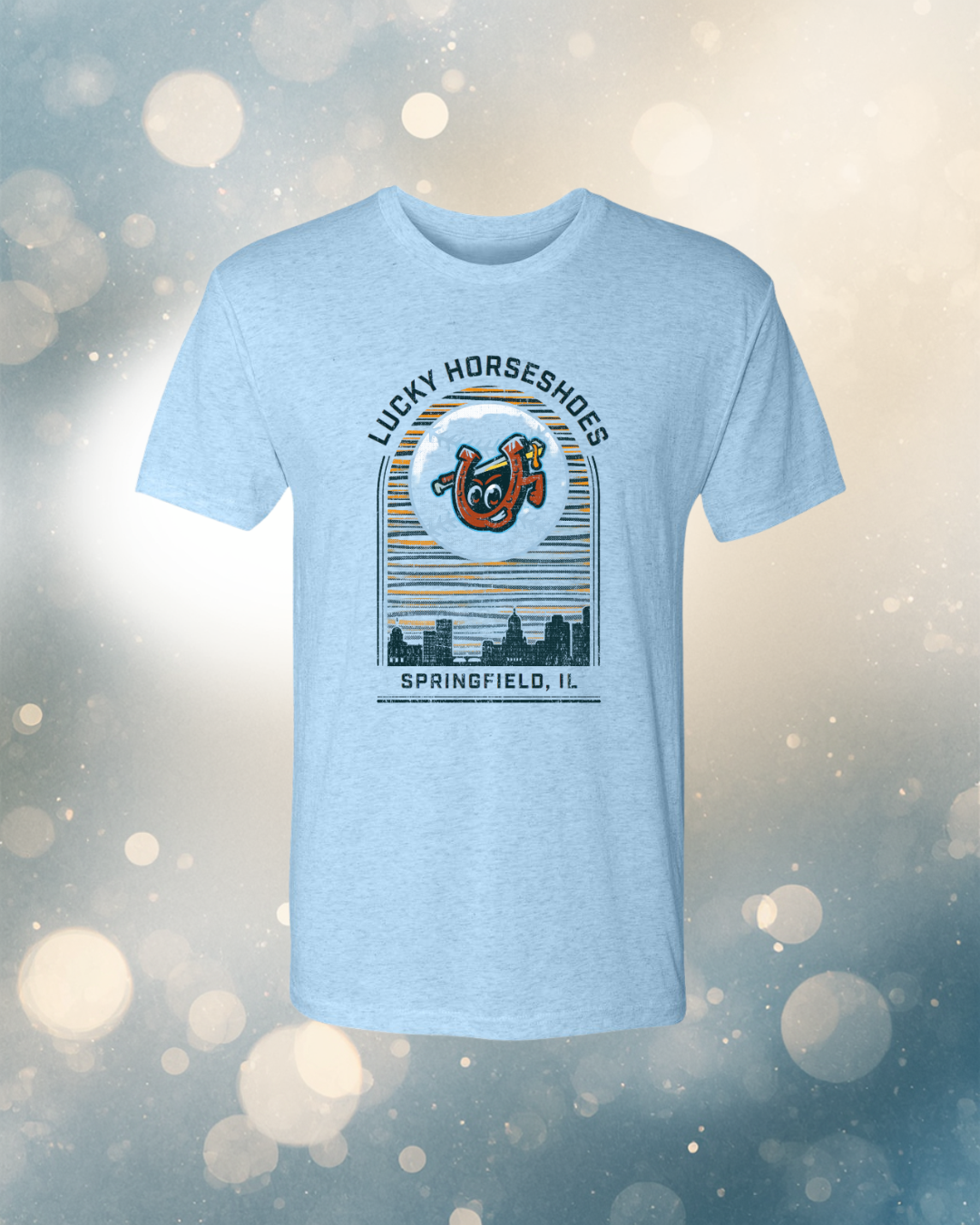 Limited Edition Lucky Horseshoes Springfield Skyline Design on Light Blue T-Shirt